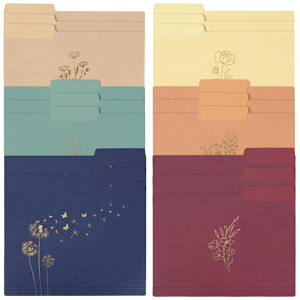 Eighteen transparent polypropylene file folders with vintage floral designs and gold foil accents, letter size