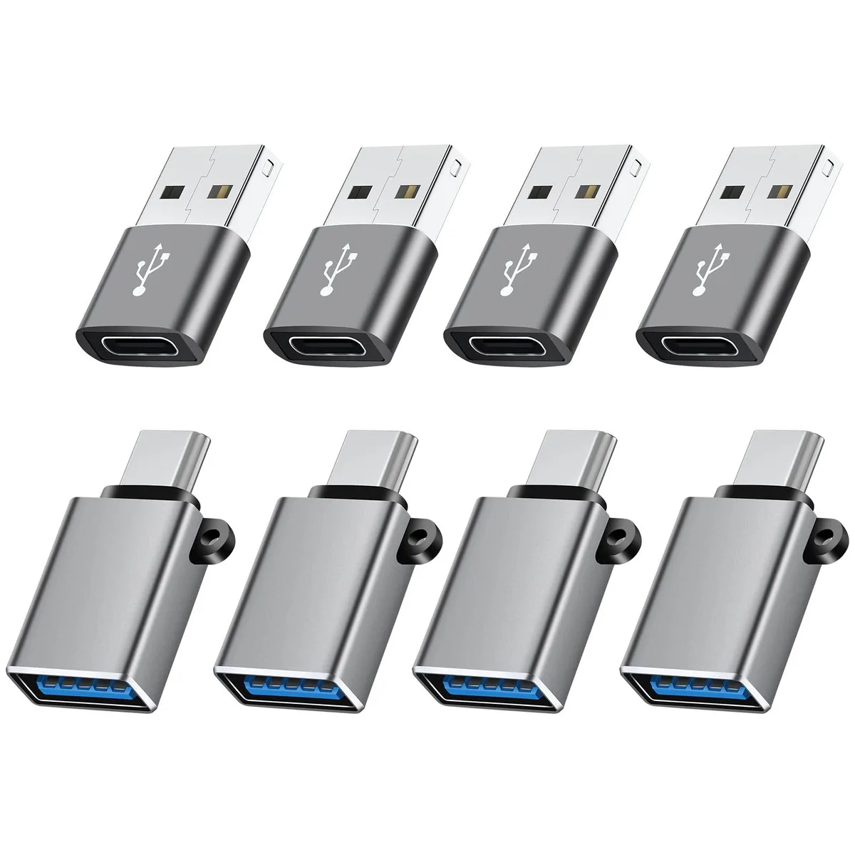 Eight grey USB adapters, four USB-C to USB-A and four USB-A to USB-C, compact aluminium bodies with lanyard holes