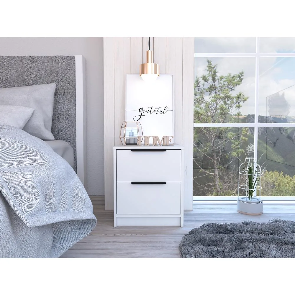 White 19-inch nightstand with two drawers and metal handles