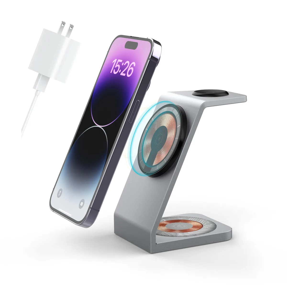 Elestur Elestur Aluminum Alloy Magnetic Wireless 3 in 1 Charger Station Metallic — product photo