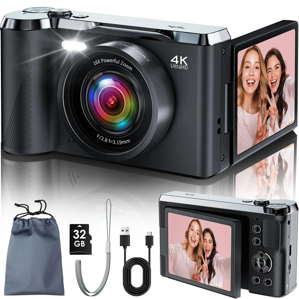 JDZ DC12 56MP 4K Ultracompact Camera 16x Zoom 3" 180° Flip 32GB — product photo