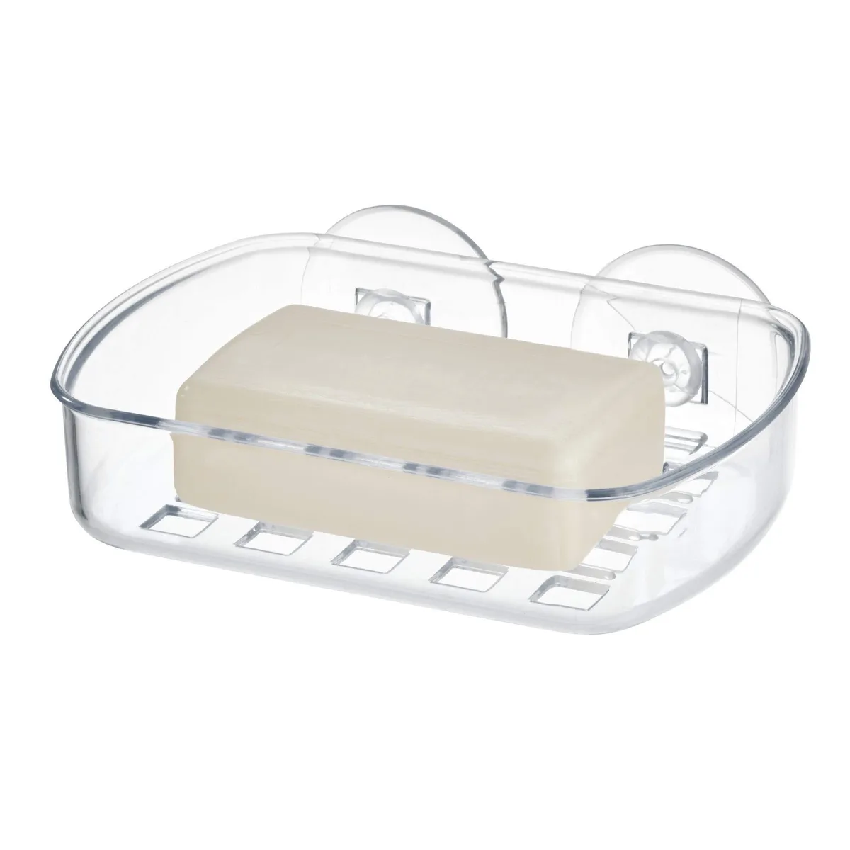 Clear plastic soap dish with suction cups, 5.25 x 4 x 2 inches