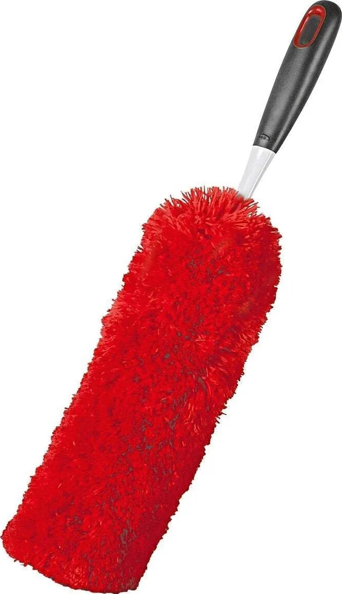 Orange microfiber hand duster with elongated head and comfortable non-slip grip