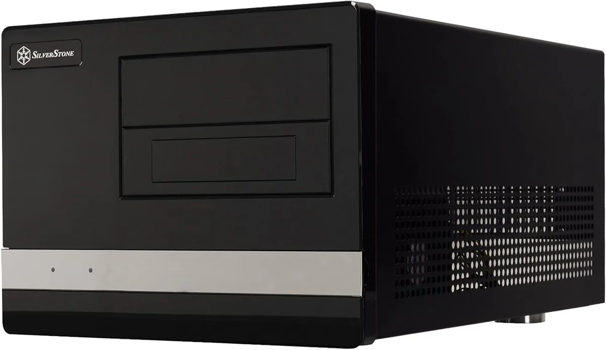 Compact silver steel desktop server chassis with front USB ports