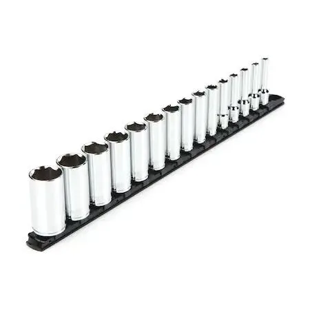 TEKTON 15-piece 3/8 inch drive deep socket set on rail