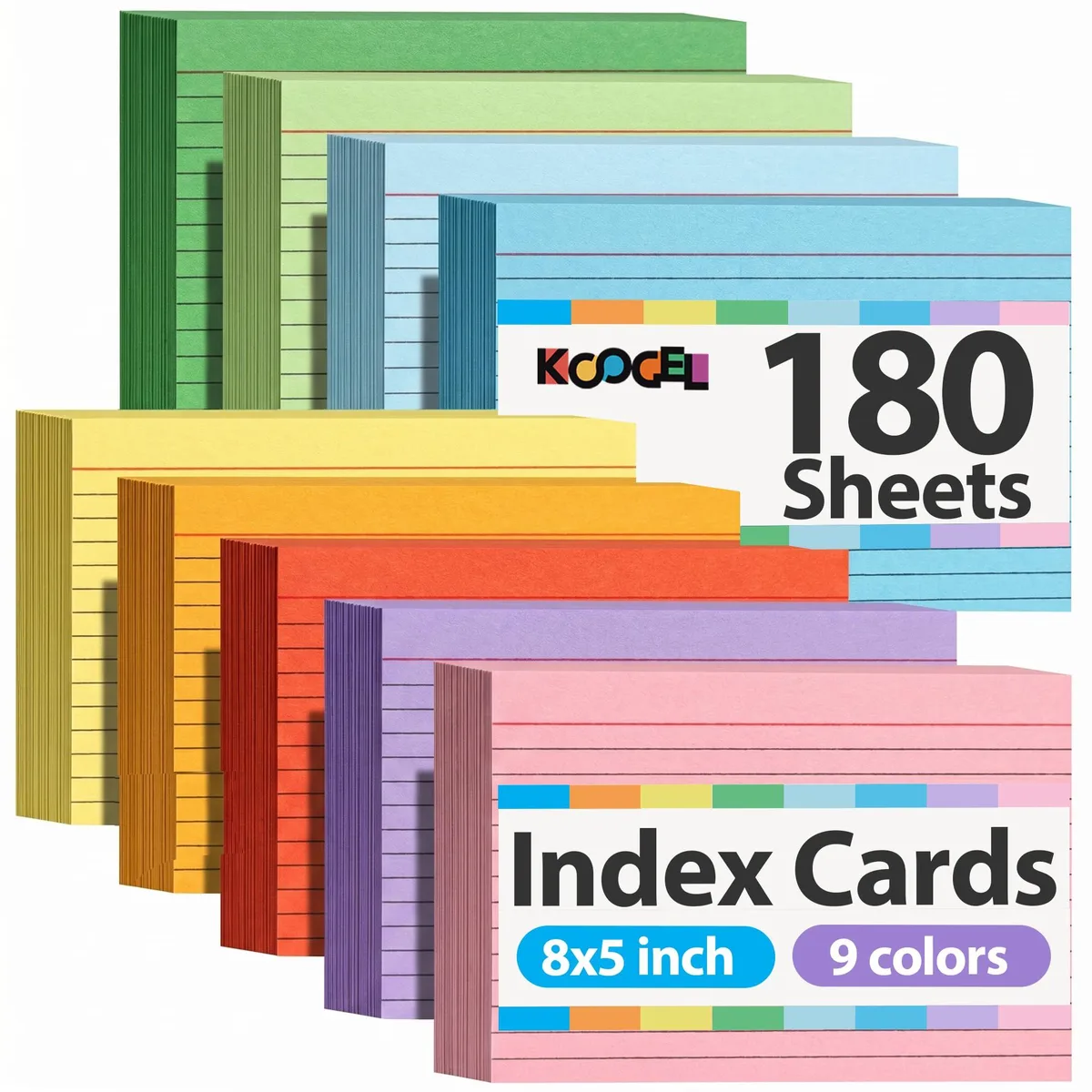Stack of 180 lined index cards in nine bright colours, 5 by 8 inches, college-ruled both sides