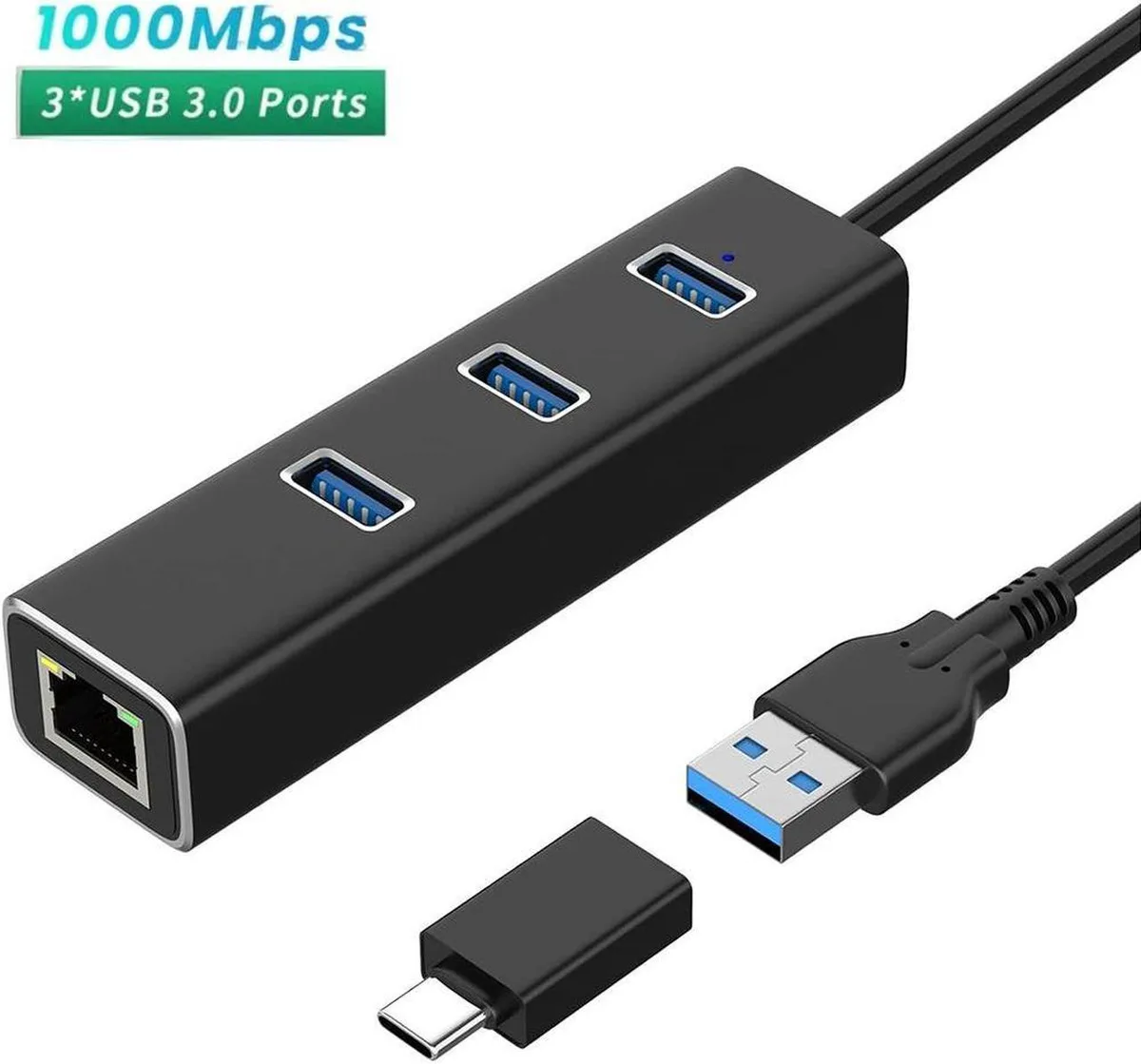 Vszerda Vszerda 3 Port USB 3.0 Hub with 1000M RJ45 Ethernet Adapter network ethernet cable — product photo