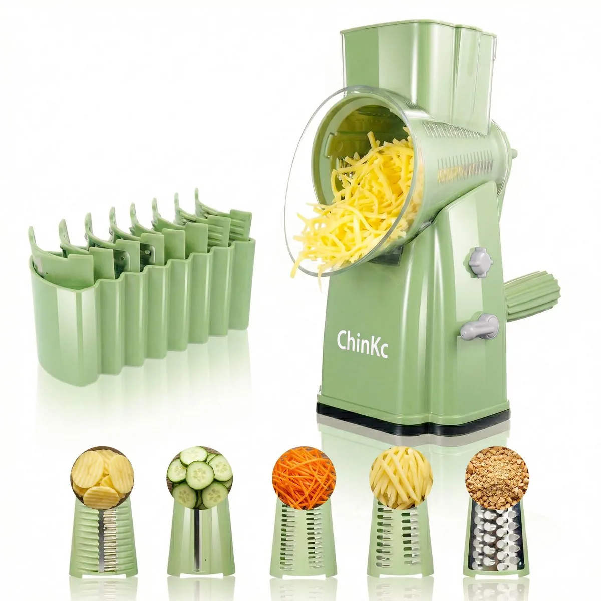  ChinKc Rotary Cheese Grater Shredder with Handle, Strong Suction Base, 5 Interchangeable Blades — product photo