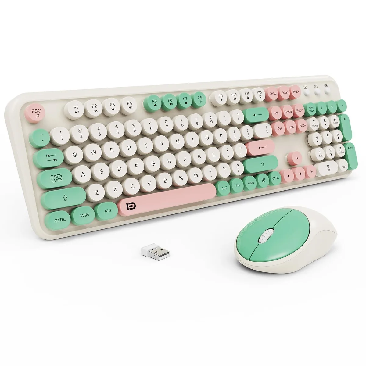 Milk-white and green full-size keyboard with round retro keycaps, matching wireless mouse, single USB receiver