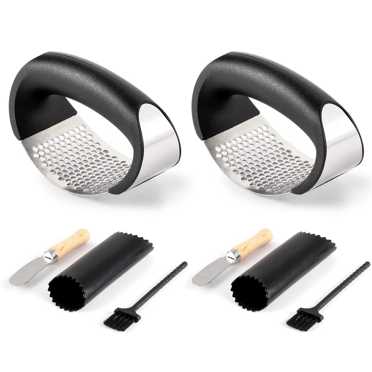Two stainless steel garlic press rockers with peelers scrapers and brushes