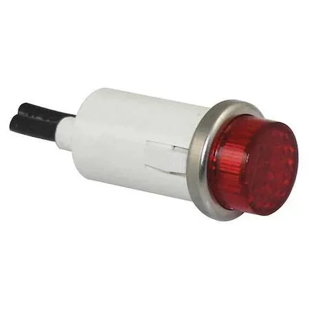 Small round red panel indicator light with raised lens and stainless steel bezel, wire leads visible