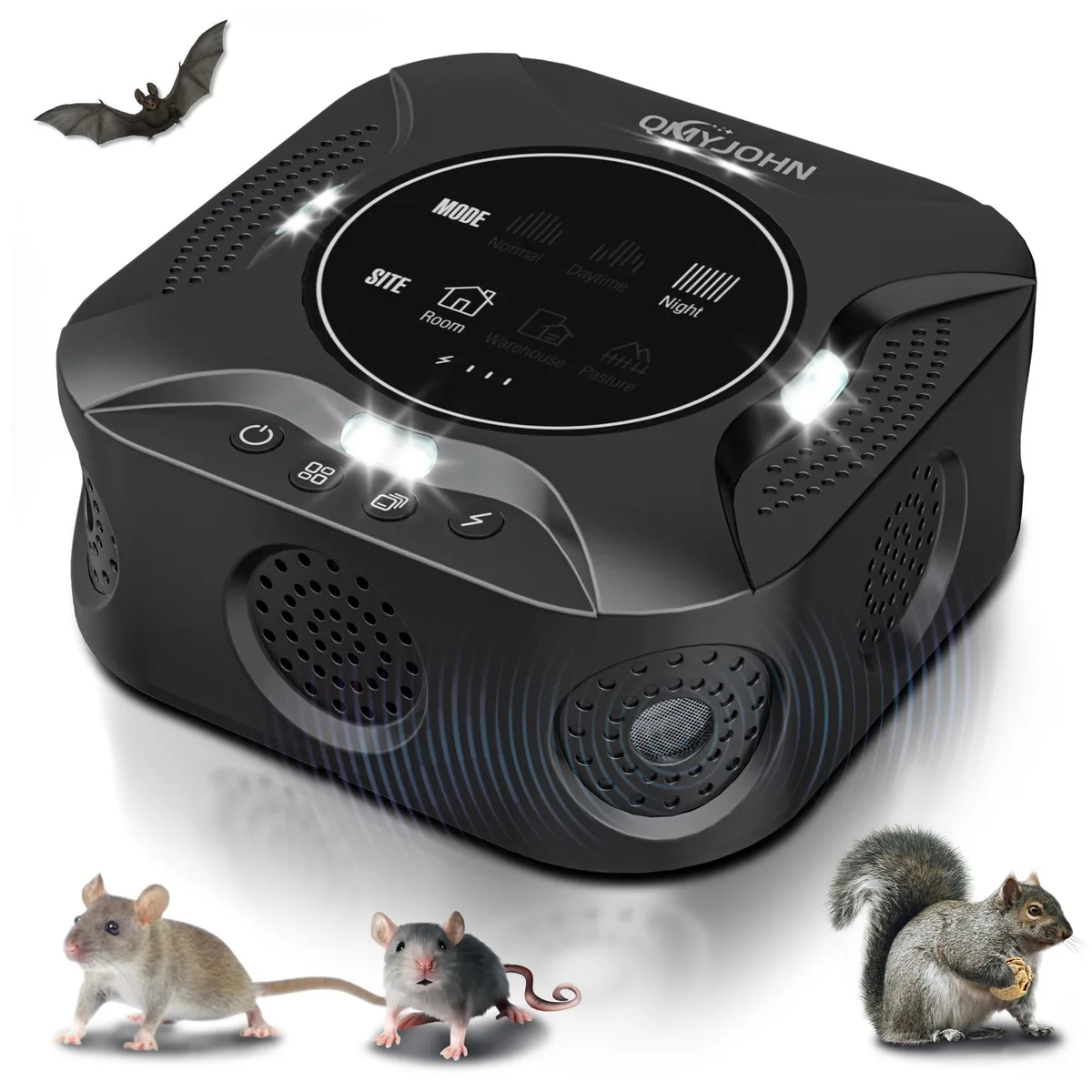 White rectangular plug-in pest repeller with LED display screen and strobe lights