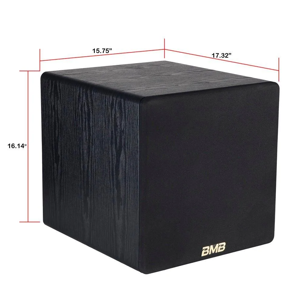 Black rectangular active subwoofer with 12-inch woofer visible on front panel