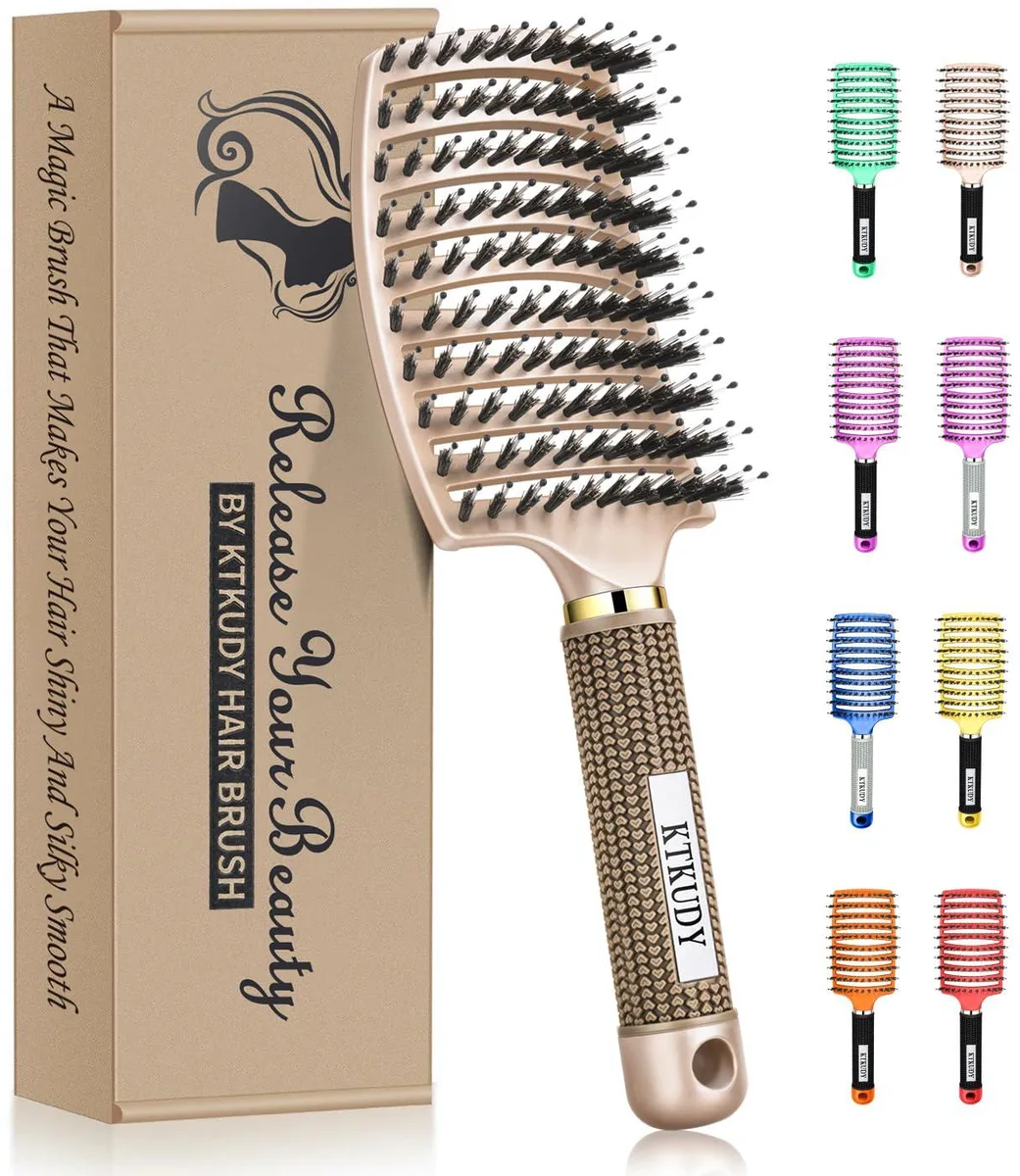 Rectangular detangling brush with mixed boar and nylon bristles, curved vented body, non-slip grip