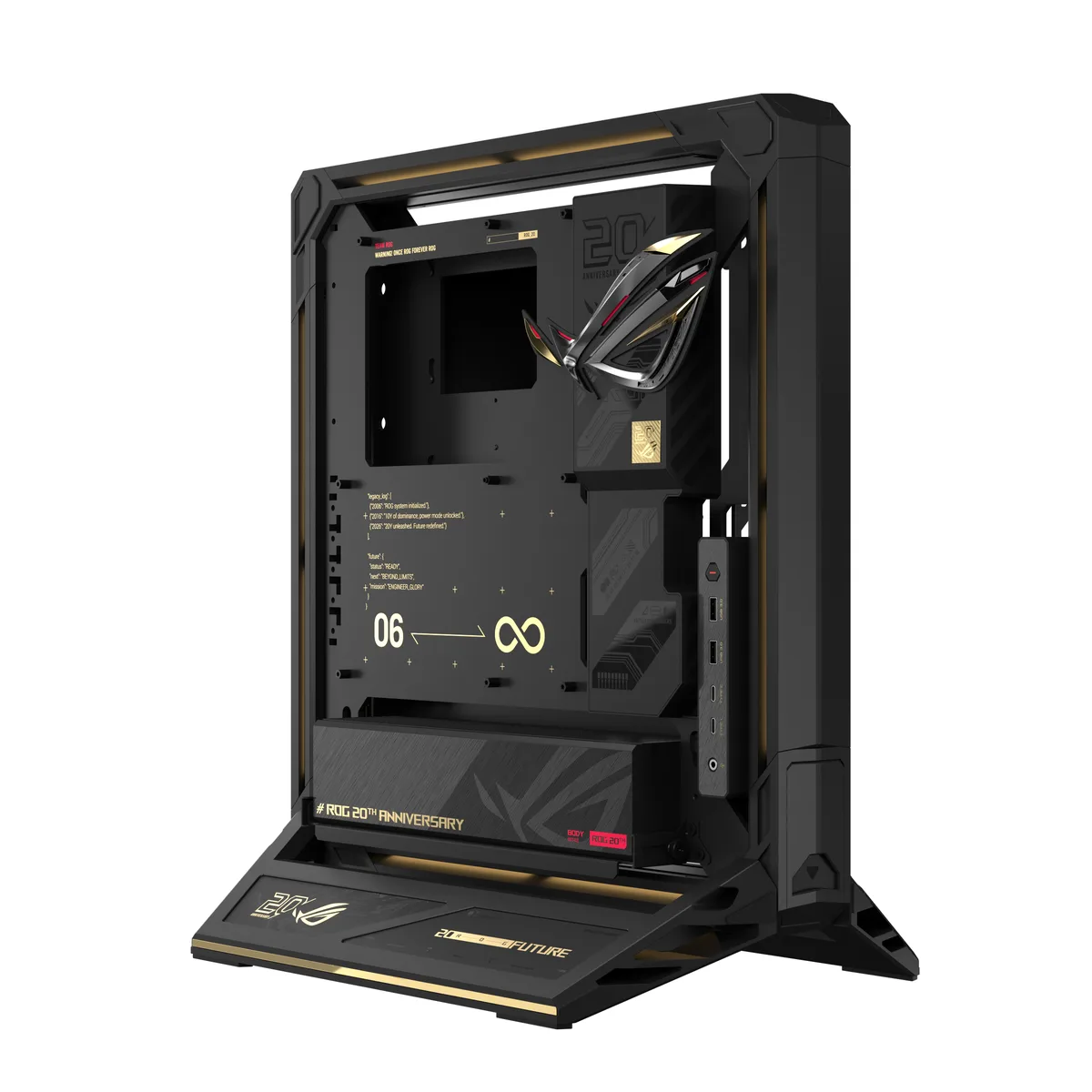 Open-frame aluminium PC chassis in black with vertical GPU mount and crossflow fan