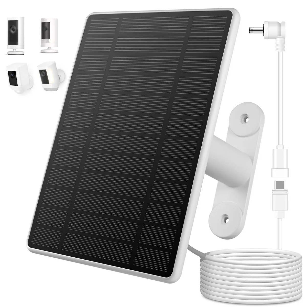 White rectangular solar panel with 360° adjustable bracket and 10ft cable