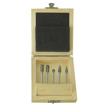 Set of five uncoated carbide burs in ball cone cylinder and tree shapes 1/4 inch heads 1/8 inch shanks