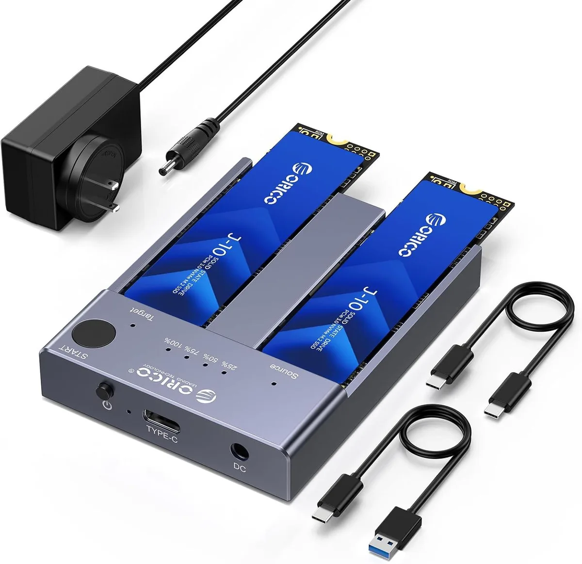 Orico Orico M2P2-C3-C-US-GY-BP dual-bay M.2 NVMe enclosure with offline clone, USB 3.1 Type-C, aluminium, grey — product photo