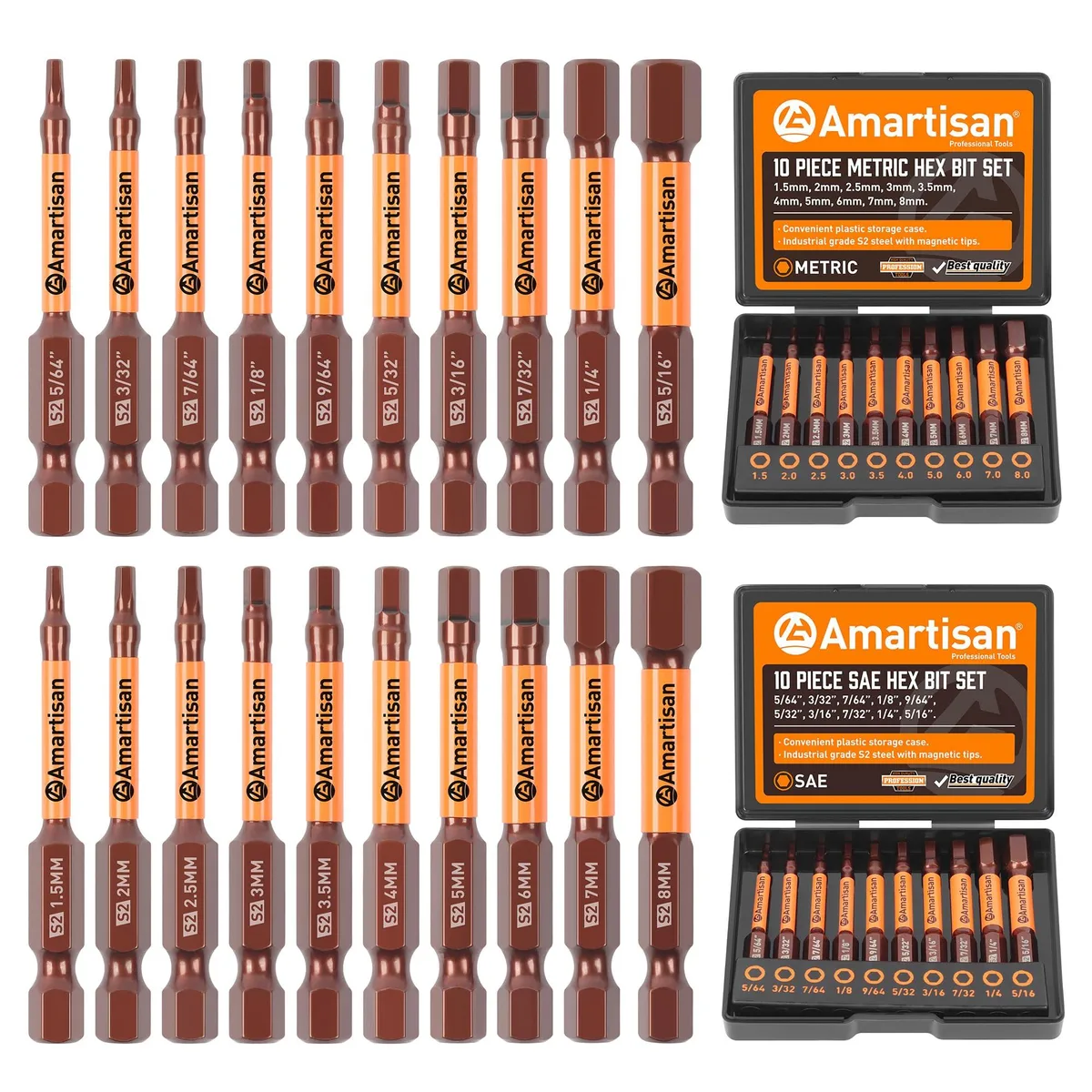 Amartisan AM020 20-Piece Hex Bit Set Metric SAE S2 Steel 2.3" Magnetic Tips Storage Box — product photo