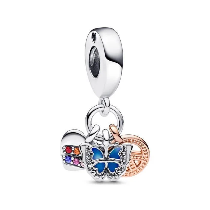 PANDORA PANDORA Two-Tone Rainbow Heart Butterfly &amp; Peace Triple Dangle Charm Bracelet — product photo