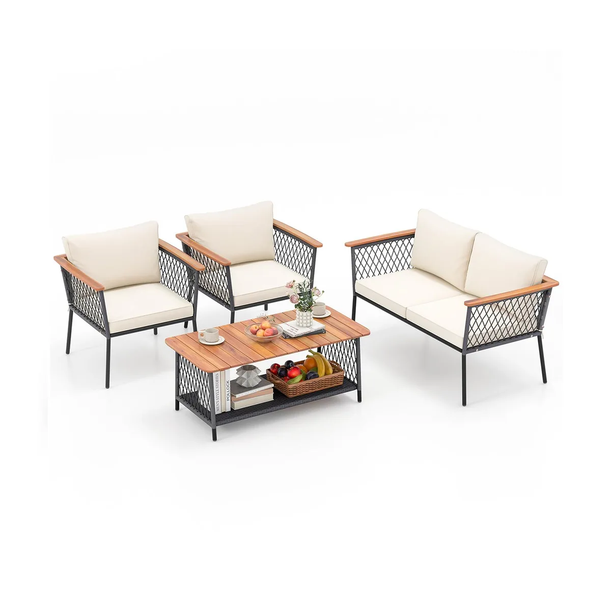 SlickBlue SlickBlue 4-Piece Rattan Patio Set Grey/Off-White 2-Tier Coffee Table — product photo