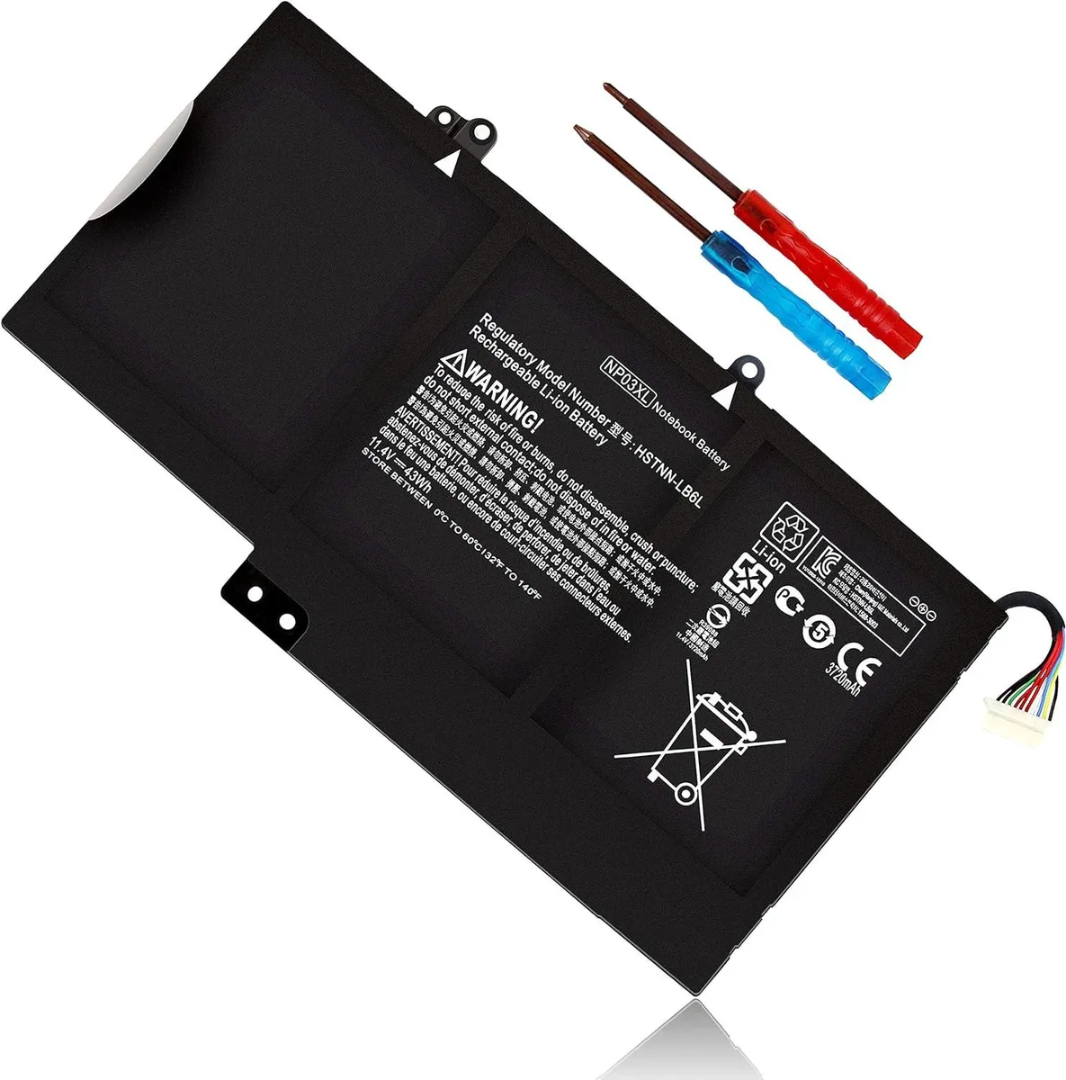 Black rectangular lithium-ion laptop battery with two screwdrivers