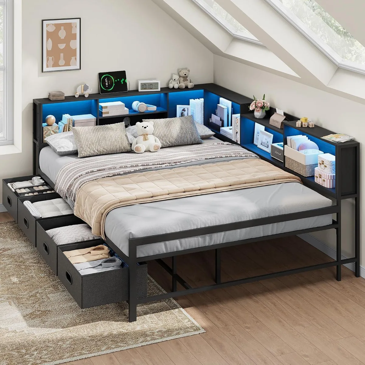 BFKK BFKK Full Size Corner Bed Frame with LED Lights, Charging Station & 8-Bookcase Headboard, Black — product photo