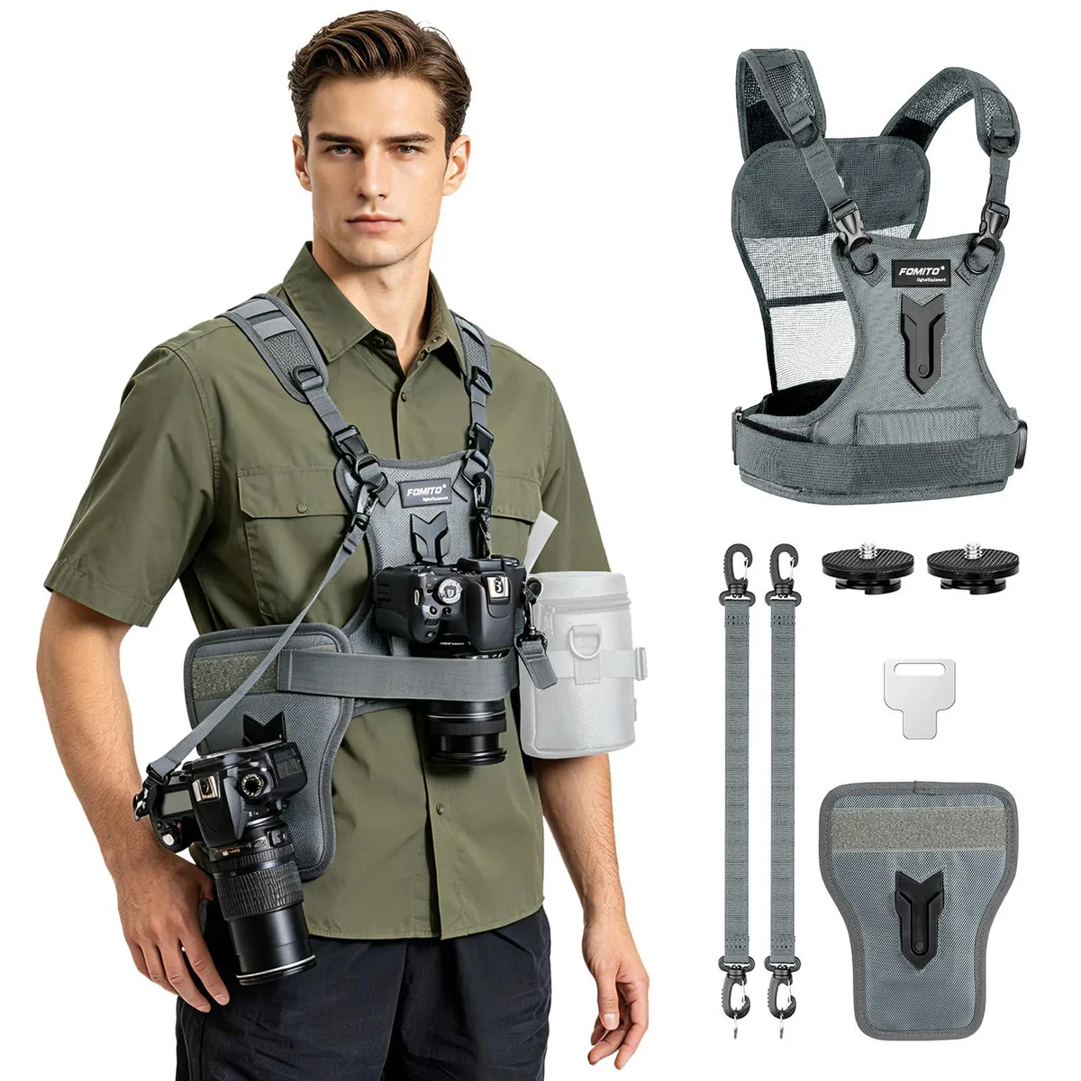  FOMITO FMT-JD-F2 dual camera harness, 580 g capacity, 28 × 22.6 × 8 cm, grey — product photo