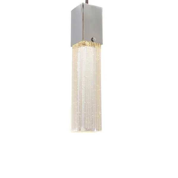 Polished chrome mini pendant with rectangular glass cubes and etched lines, 4.75 inches wide