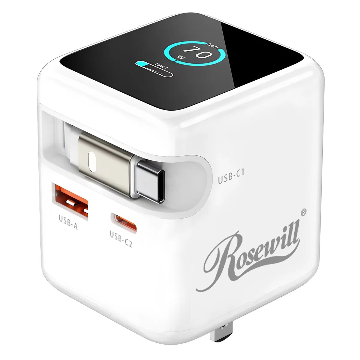 Rosewill Rosewill 70WRB01A_W 70W USB charger with retractable cable, 3 ports, TFT display — product photo