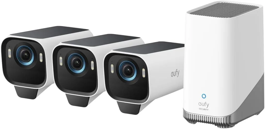 Three white and black wireless cameras with solar panels, rectangular shape, matte finish
