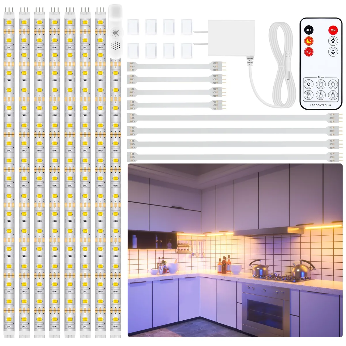 Eight copper-finish flexible LED strips with short connectors and a remote on a white background