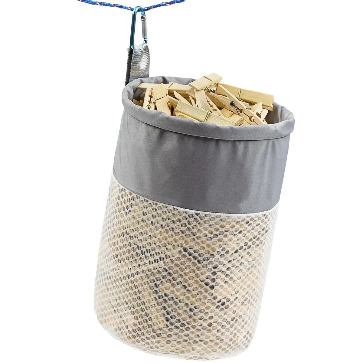 Mesh clothespin bag with drawstring and hooks, holds 200 pins