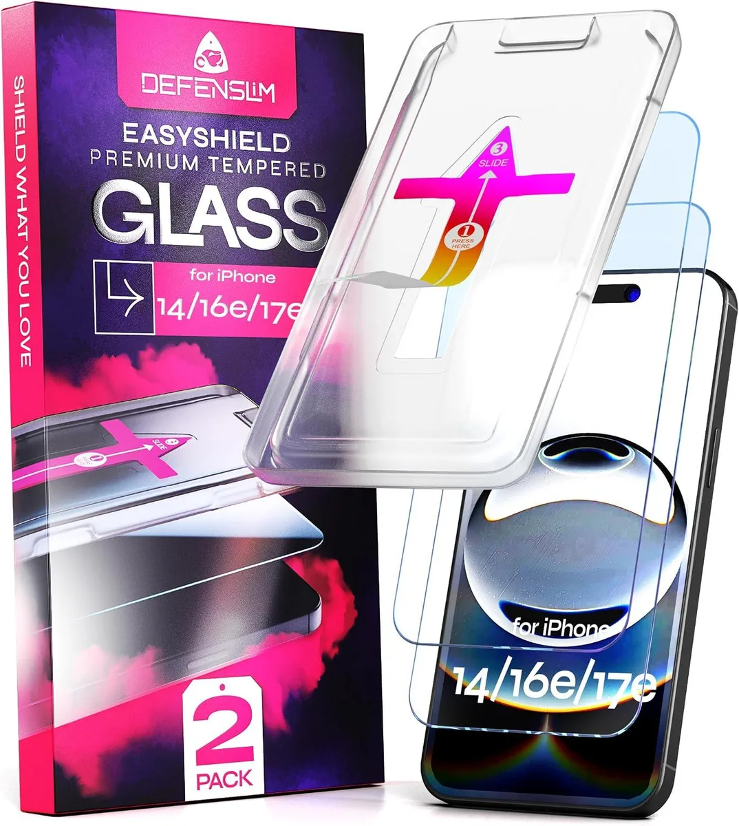 Two clear tempered glass screen protectors with alignment tray for iPhone 14 16e 17e 6.1 display