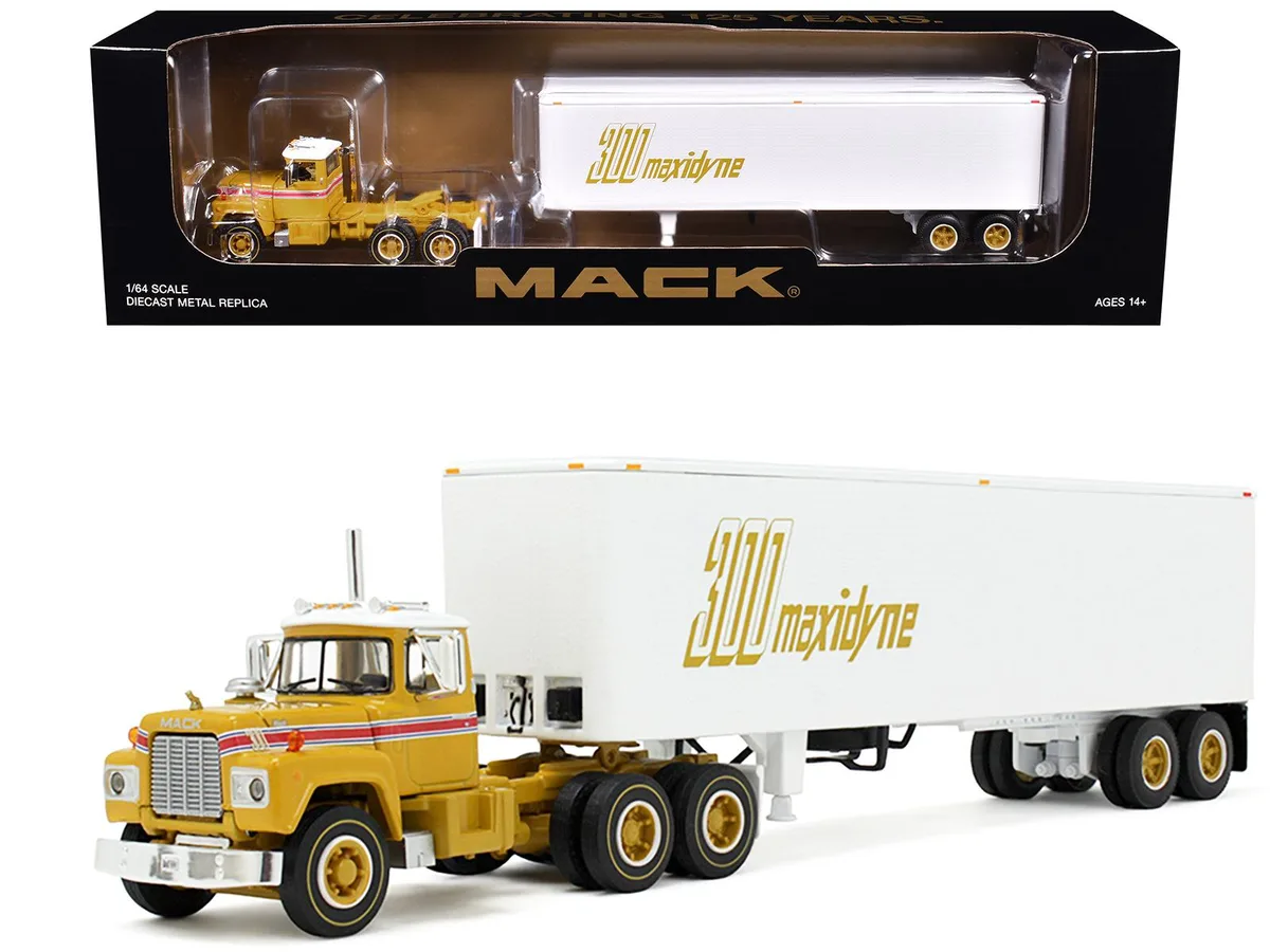 First Gear First Gear Mack R-Model Day Cab &amp; 40' Vintage Trailer Yellow Red White Mack Anniversary 1/64 Diecast — product photo