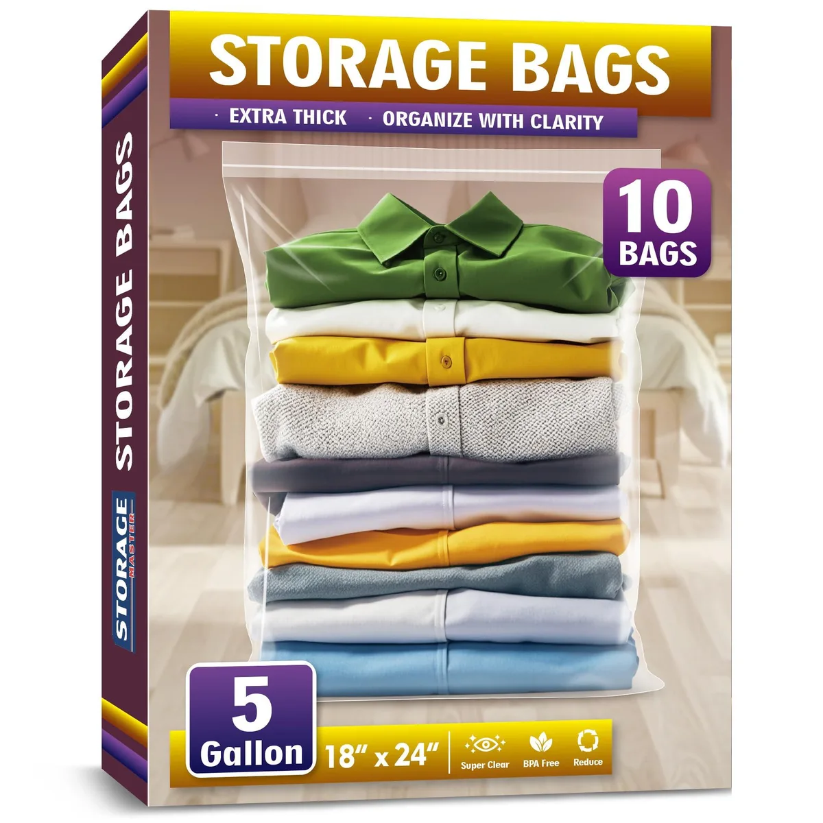 Ten clear zippered polyethylene bags, each 18 by 24 inches
