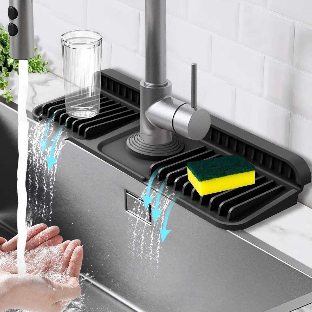 Black silicone sink splash guard mat, 14.6 inch, 7 degree slope, snap lock ends, 90 degree foldable back, cuttable faucet hole
