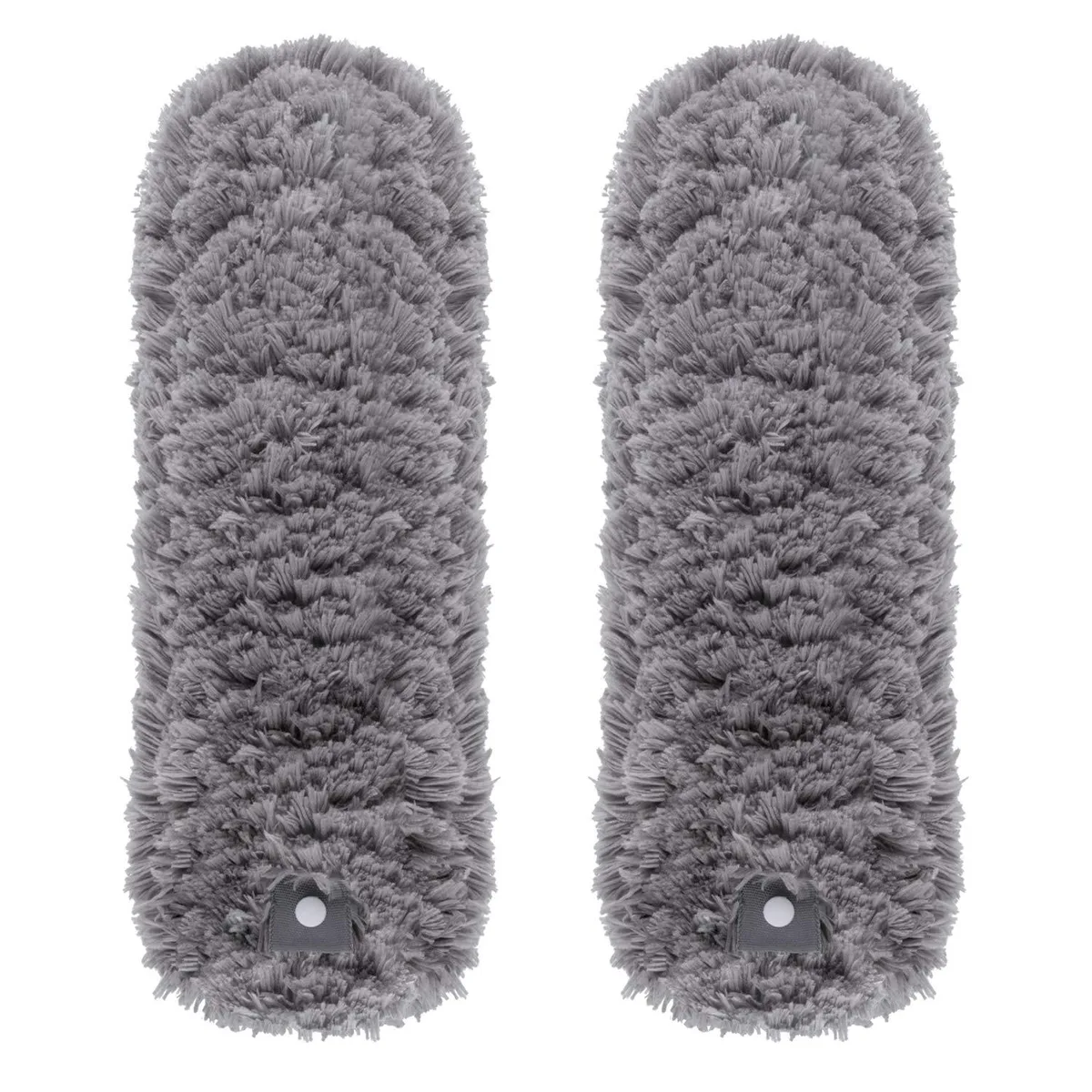 Two white microfiber duster refill heads, fluffy rectangular pads, 12.6 by 4.3 inches