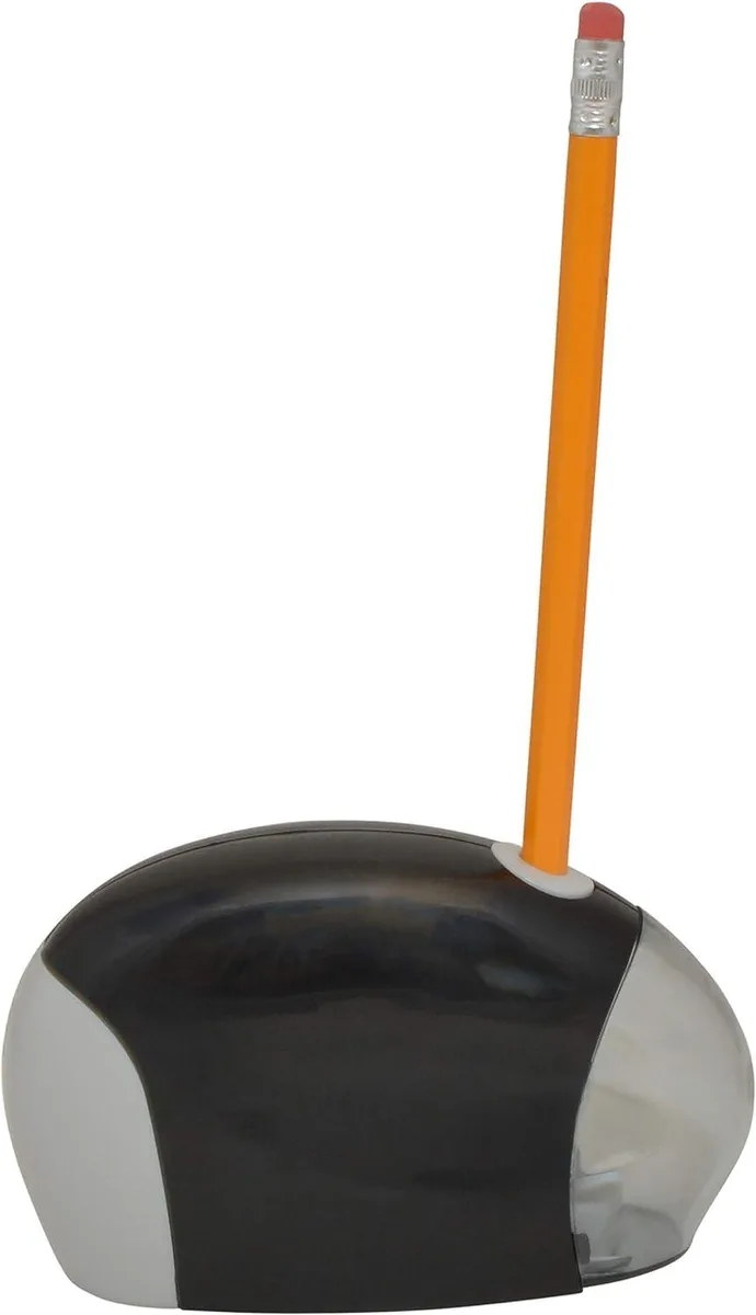 Small black battery pencil sharpener with stainless steel blades and clear shavings reservoir