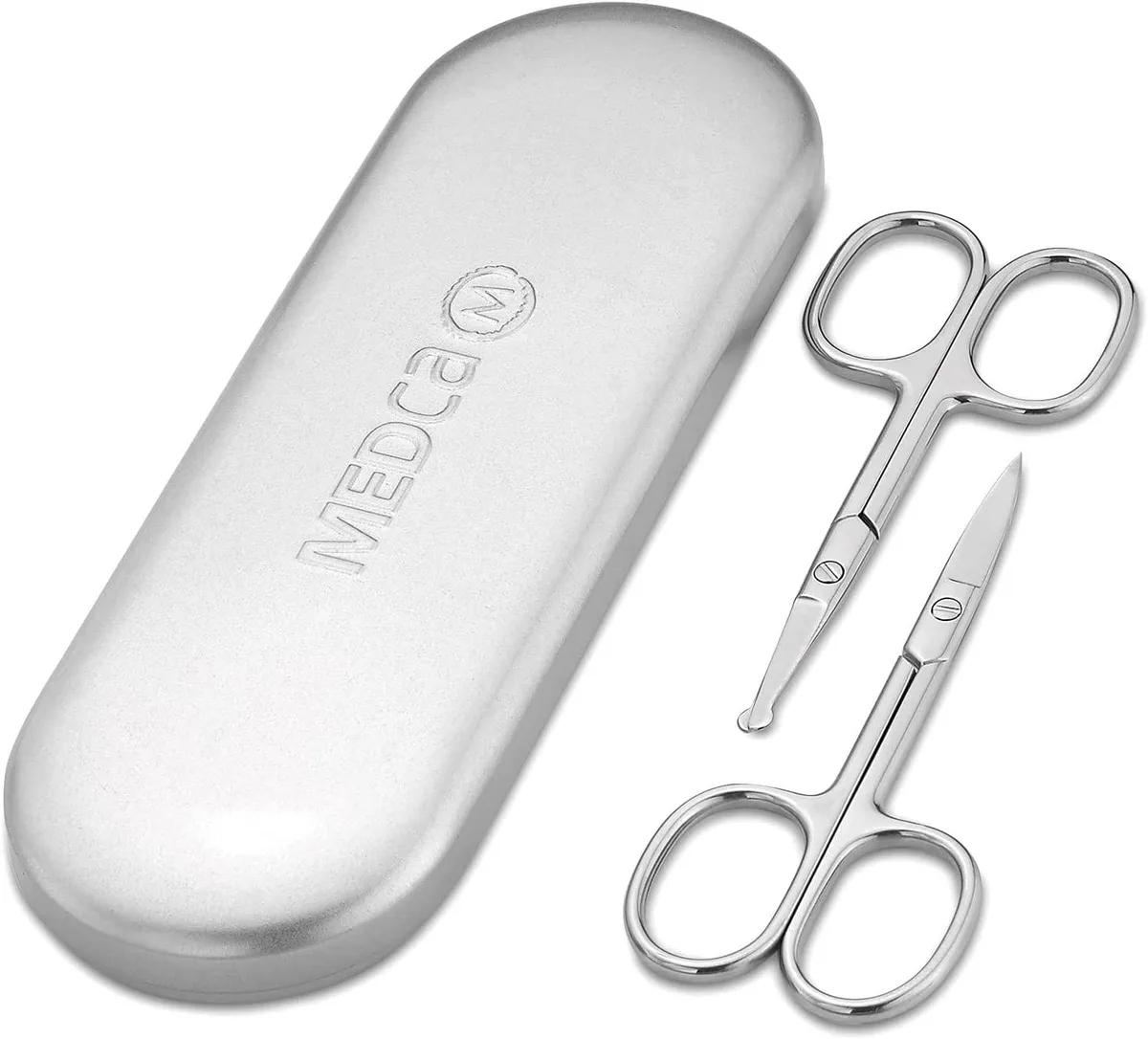 Stainless steel grooming scissors set with rounded tips in a protective travel case