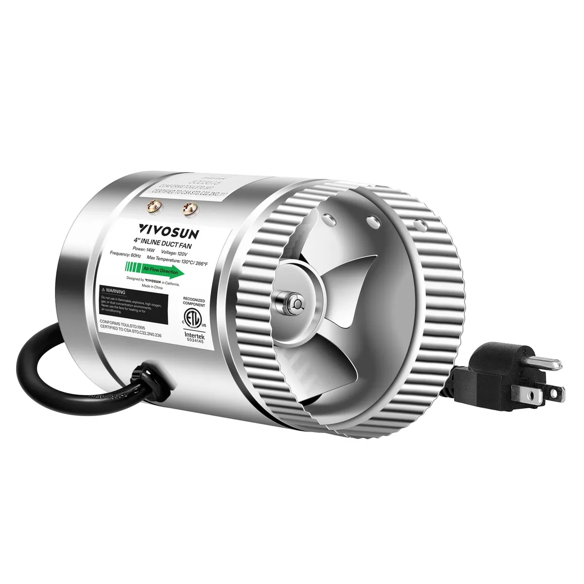 Silver cylindrical inline duct fan with duct mounting flanges