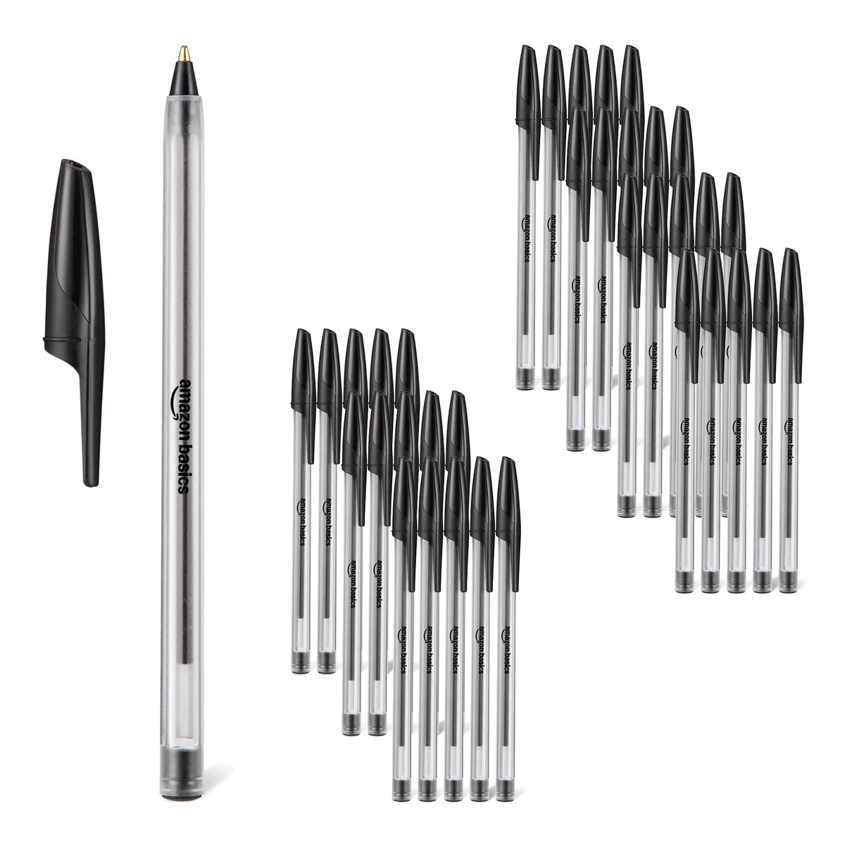 Blue ballpoint pens in a 36-pack box, medium 1.0mm tip, semi-transparent barrels