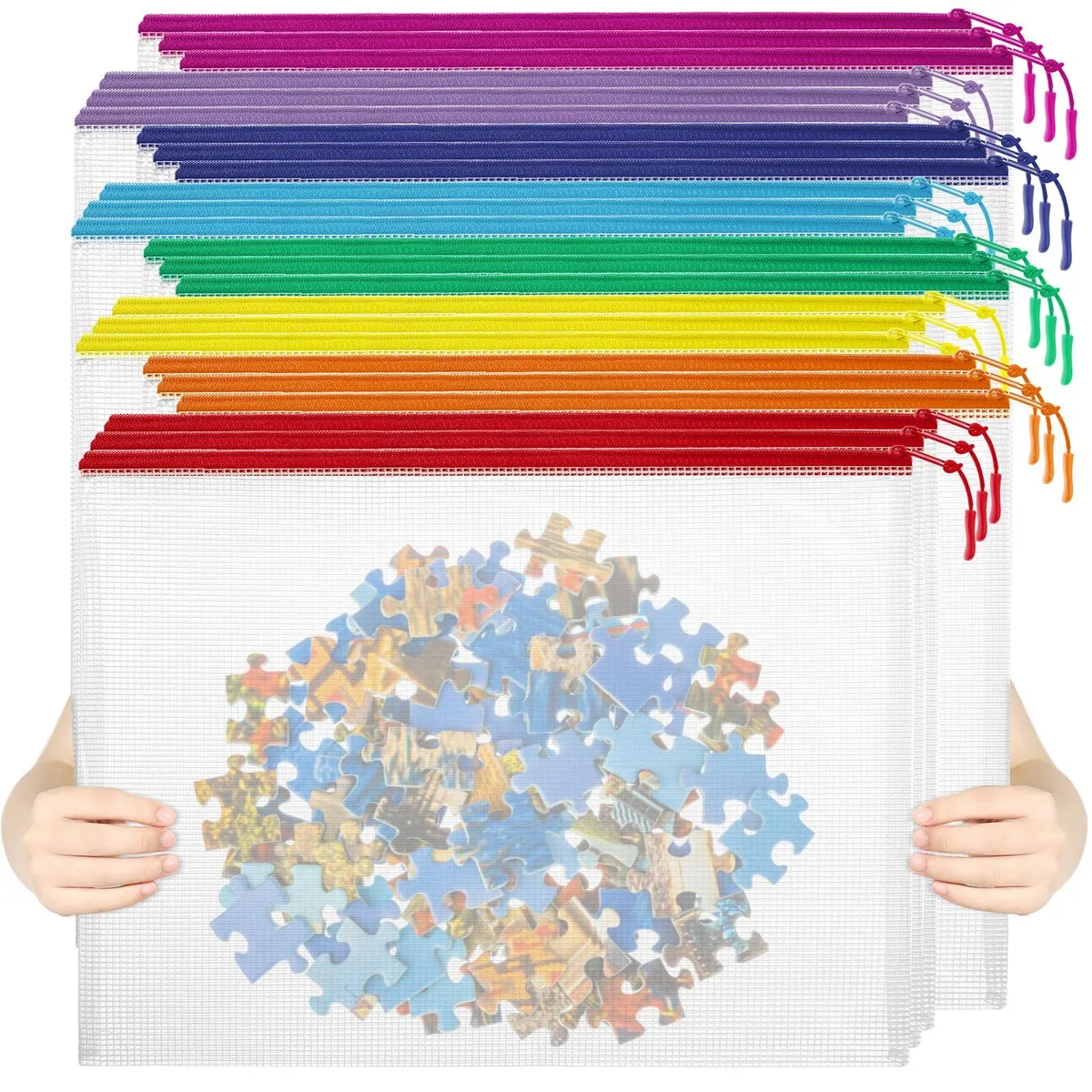 Transparent PVC mesh zipper pouches in eight colours, A3 size 43x30cm, pack of 24