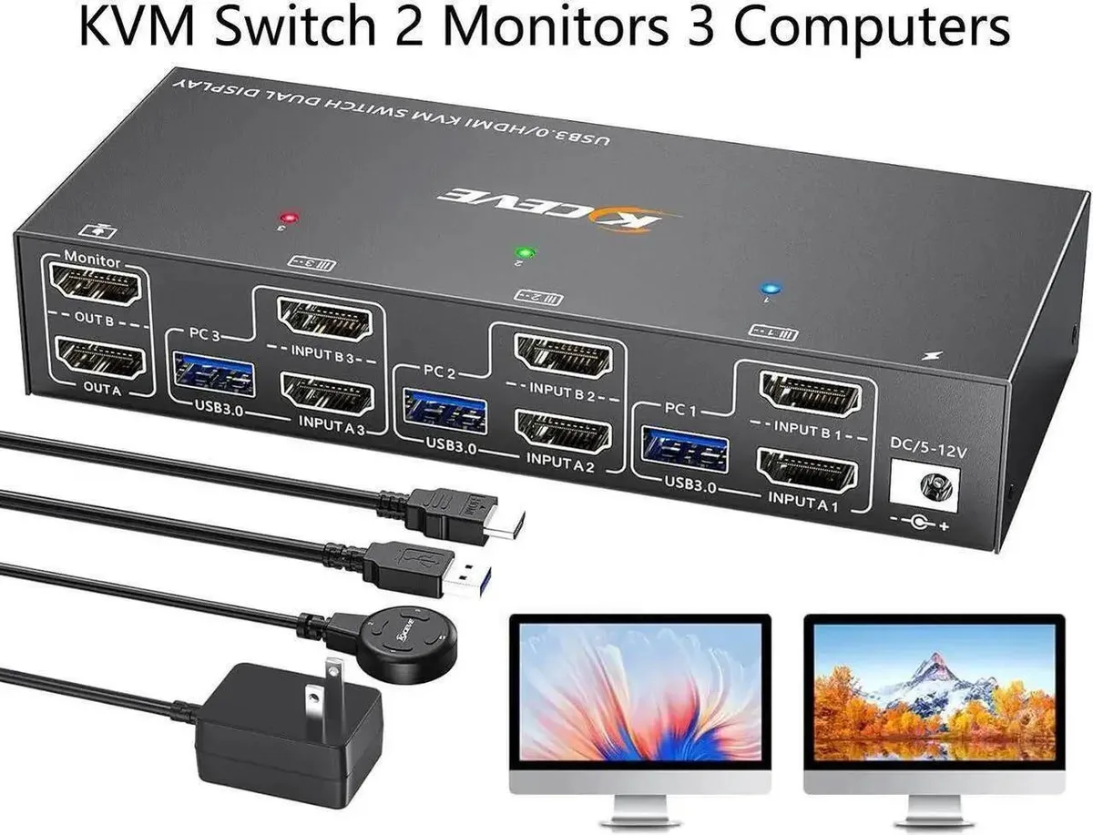Vszerda Vszerda Dual Monitor HDMI KVM Switch 3 Computers 2 Monitors 4K@60Hz USB 3.0 — product photo