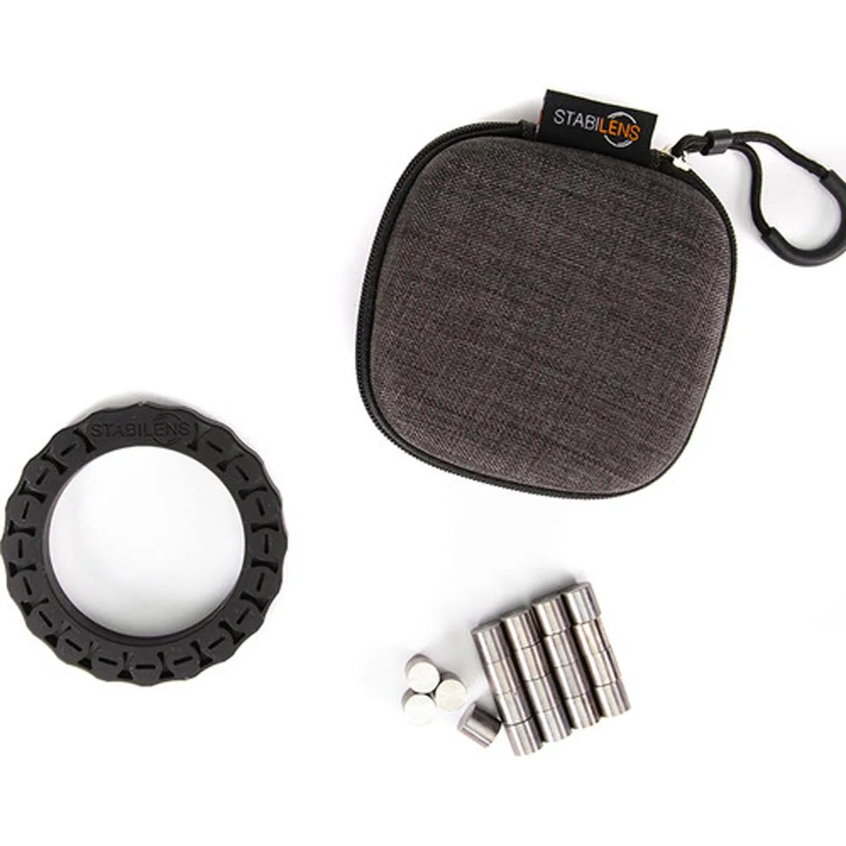 StabiLens gimbal stabilizer starter kit with ring, ten tungsten weights and hard case