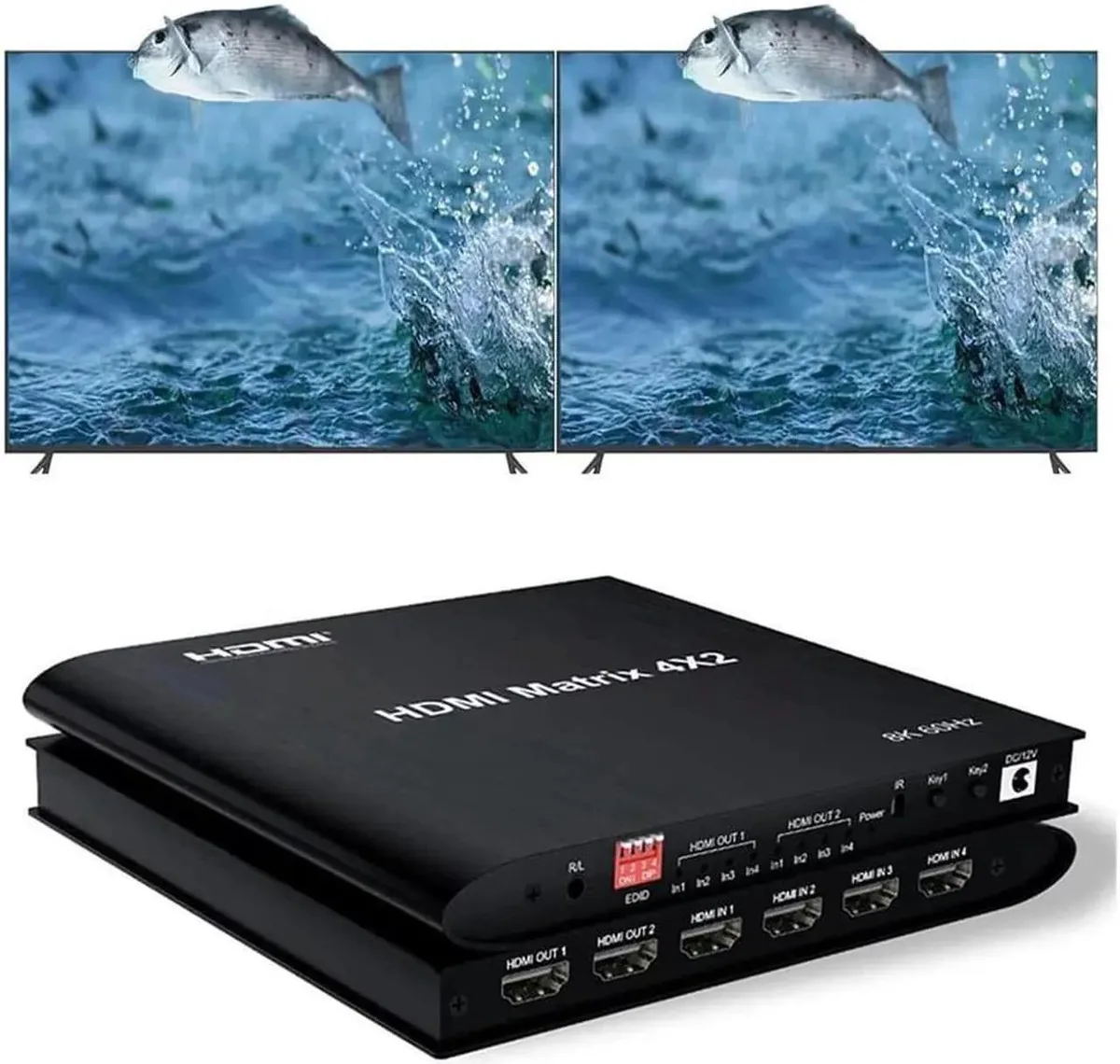 Black rectangular box with four HDMI inputs, two outputs, 3.5 mm audio jack, front panel buttons and IR remote