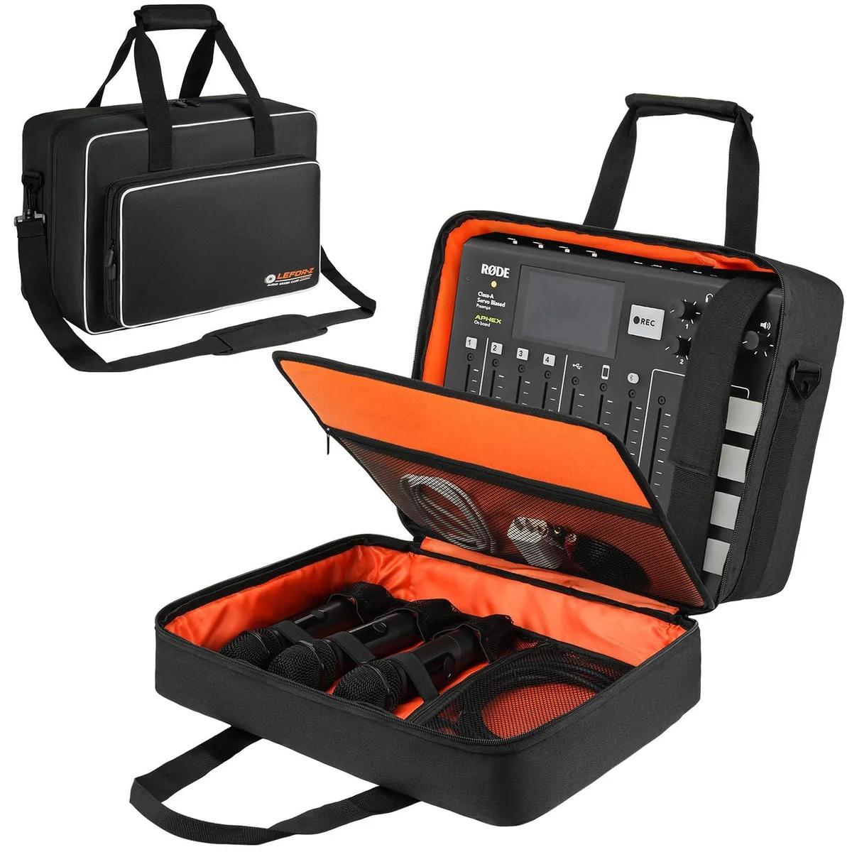 Black rectangular travel case with padded shoulder strap and top handle, front zip pocket, fits RODECaster Pro and GoXLR