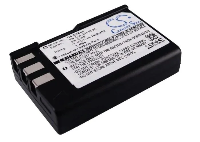 Rectangular camera battery with black plastic casing and gold contacts
