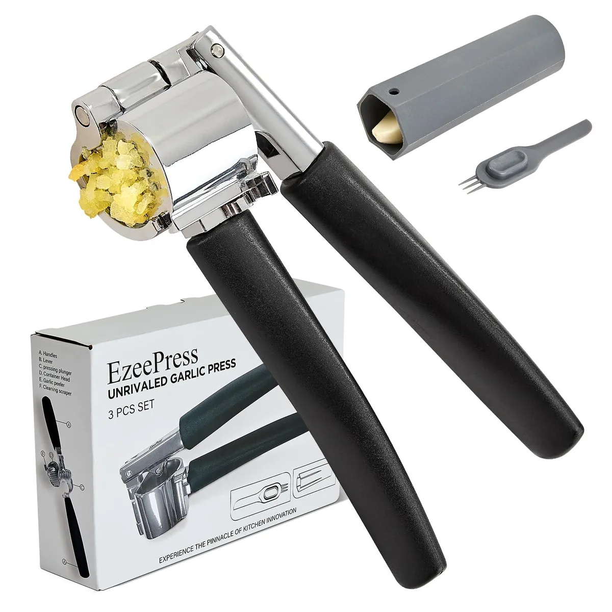 Three-piece metal garlic press set with peeler and brush, 34 holes