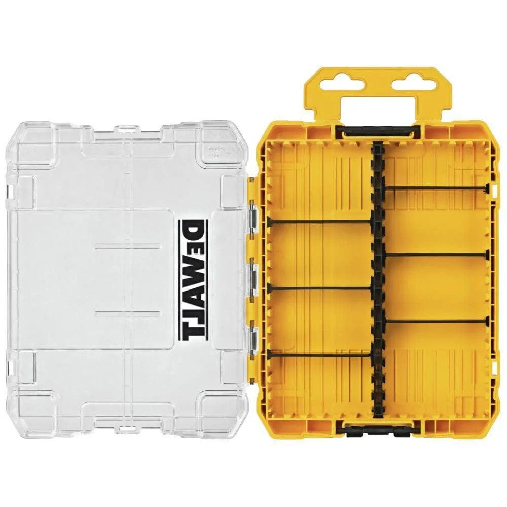 Twelve clear-lidded square cases with clip latches and internal dividers